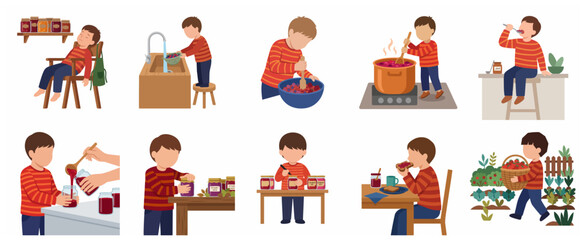 Little boy character making homemade berry jam process set, from harvesting strawberries and cooking to bottling and eating toast, vector illustration isolated on white background © Mmarshall