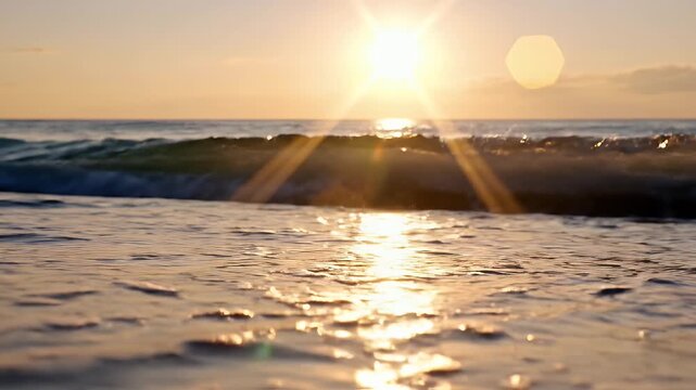 A wave crashes onto a sandy beach at sunset, casting long shadows.