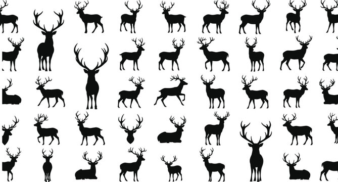 Wild deer silhouette collection with standing, walking, and sitting stags with antlers in various poses isolated on white background vector
