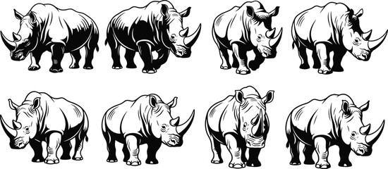 Wild rhinoceros animal set, black and white safari wildlife drawings, strong rhino mascot collection, detailed vector illustration © VecktorWorld