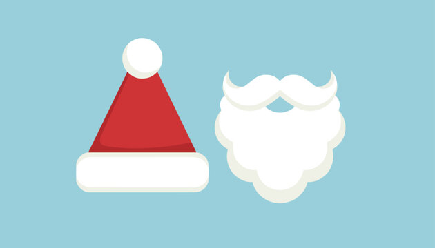 Festive red Santa Claus hat and white fluffy beard photo booth props set isolated on a flat winter blue background.