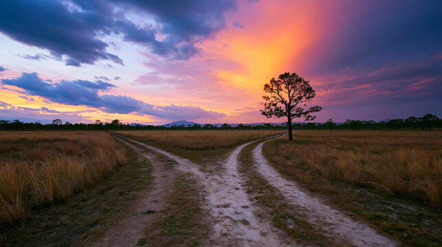 A dirt path splits into two directions in a grassy field under a vibrant sunset sky. This represents choices, decision-making, and new beginnings.
