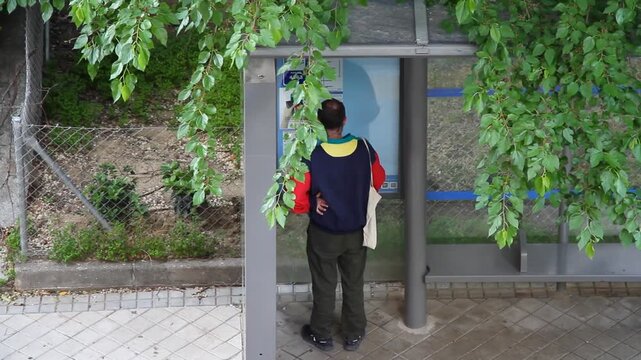 Consultar horario autob&uacute;s cartel en parada y marquesina bus informaci&oacute;n viajero ruta e itinerario con sonido p&aacute;jaros bus shelter marquee and route signe y &aacute;rbol rama en calle de adoqu&iacute;n