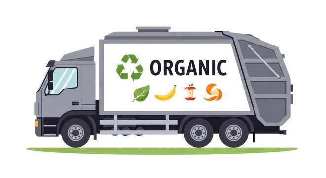 Vector illustration of an organic waste collection truck with food icons