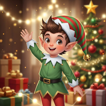 Cute cartoon Christmas elf character waving hello.