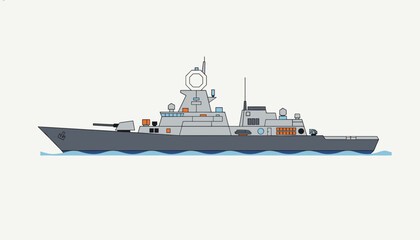 Fototapeta premium Modern military naval frigate or destroyer warship sailing in calm blue water against a solid off-white background.