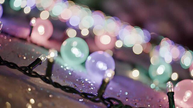 Abstract bokeh lights in pastel colors create a dreamy, festive atmosphere.