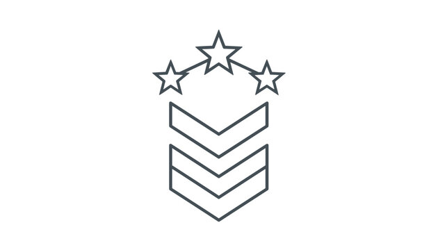 Minimalist line icon of a military sergeant rank chevron with three stars arched over it, on a white background.