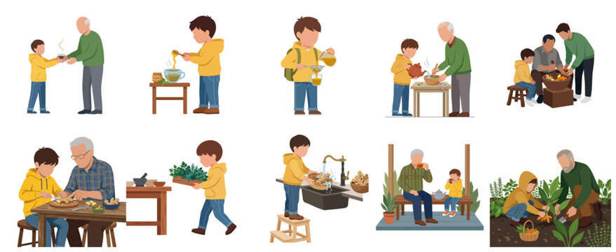Grandfather and grandson preparing and drinking healthy herbal ginger tea, family bonding and traditional remedies illustration set