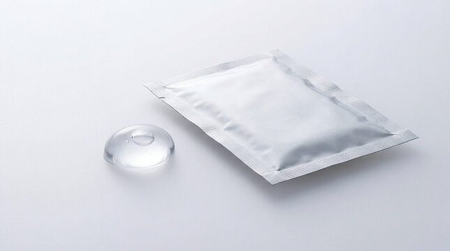 clear contact lens beside sealed sterile pouch on clean white surface showing hygiene vision care minimal medical supply concept for optometry product wellness marketing for healthcare advertising