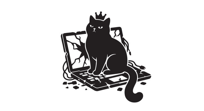 Naughty black cat wearing crown on broken laptop, funny feline sitting on smashed computer screen, mischievous pet destroying electronics vector