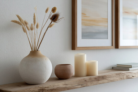 Minimalist home decor on rustic wooden shelf. Soft-toned ceramic vase holds dried wheat and seed heads. Two candles and small bowl add calm, warm ambiance. Artwork frames hang above