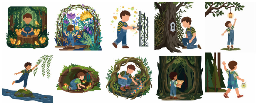 Cute boy exploring a magical forest illustration set, little adventurer in nature finding secret gates, playing with animals, and navigating through woods with a map and lantern.
