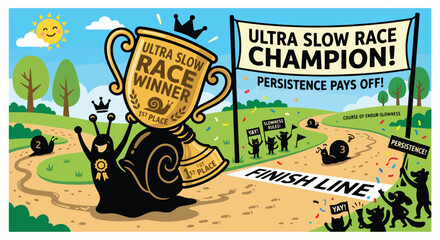 Ultra slow race champion snail vector illustration, persistence pays off concept art, winner snail with gold trophy at finish line, slow progress success © MdSamir