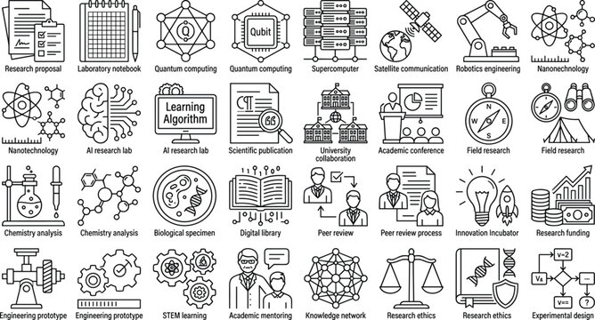 Scientific Research and Advanced Technology Line Icon Set Featuring Quantum Computing AI Robotics STEM and Academic Innovation