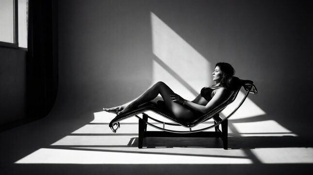 monochrome portrait of woman reclining on modern chaise lounge in lingerie with bold window shadows for luxury interior mood sensual fashion wellness visual for wellness editorial advertising