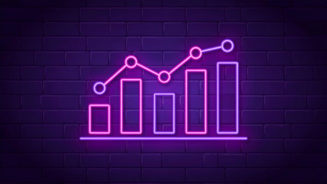 Glowing neon business analytics chart icon on dark brick wall background