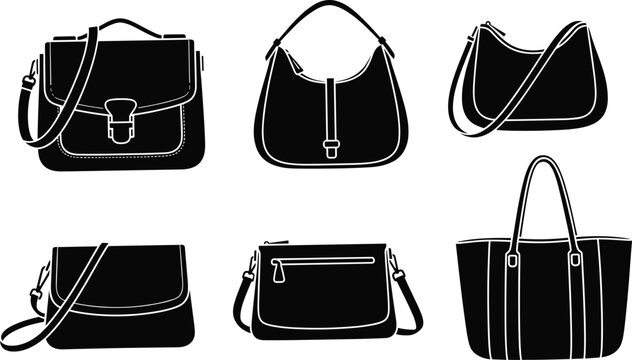 Women handbags silhouettes, satchel, hobo, crossbody, clutch, zip purse and tote bag collection, vector illustration