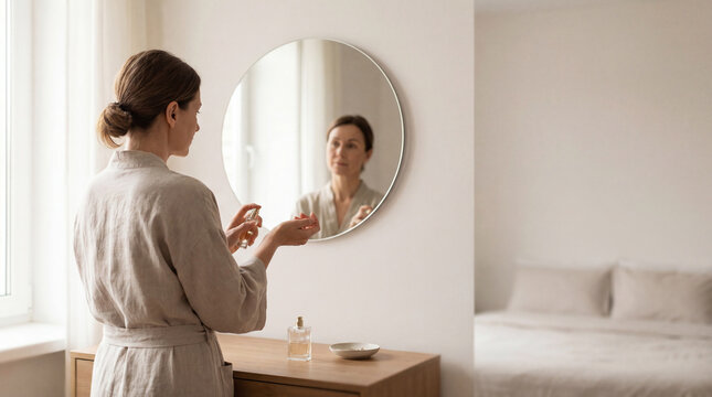 woman applying perfume beside round mirror in calm bright bedroom wearing linen robe for self care morning routine beauty lifestyle fragrance preparation moment focused on mindful feminine care