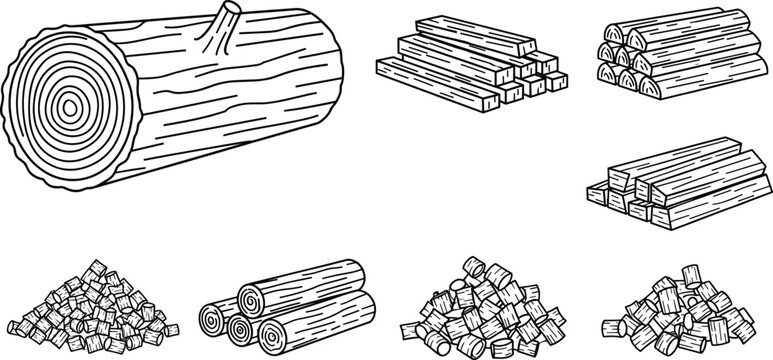 Wood forms and firewood, log bundles, lumber stacks, chopped timber, black line style, forestry vector illustration