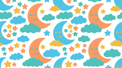 Fototapeta premium Seamless cartoon pattern with smiling orange and blue crescent moons, clouds, and stars for kids' decor and textiles. Flat vector illustration EPS 10.