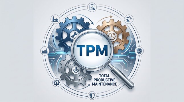 Total Productive Maintenance TPM concept illustration, industrial gears and magnifying glass for lean manufacturing, factory optimization and engineering