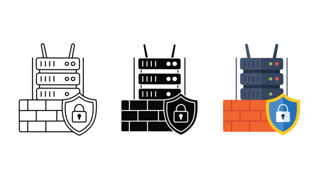 Firewall server security icon set outline silhouette and color vector isolated on white background