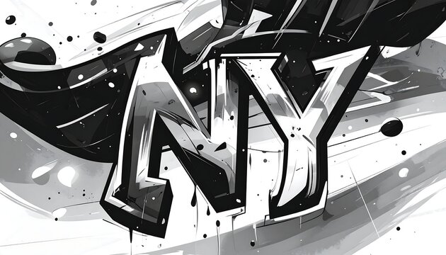 A black and white illustration of stylized letters 'NY' with a dynamic, graffiti-inspired design