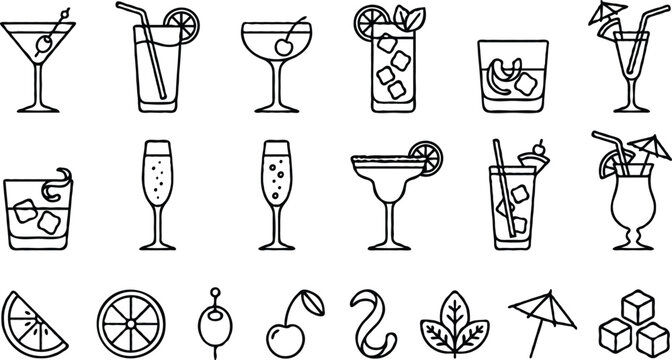 etro cocktail doodle set with hand drawn garnish, classic drinks and vintage bar glass icons. kitchen decor .eps