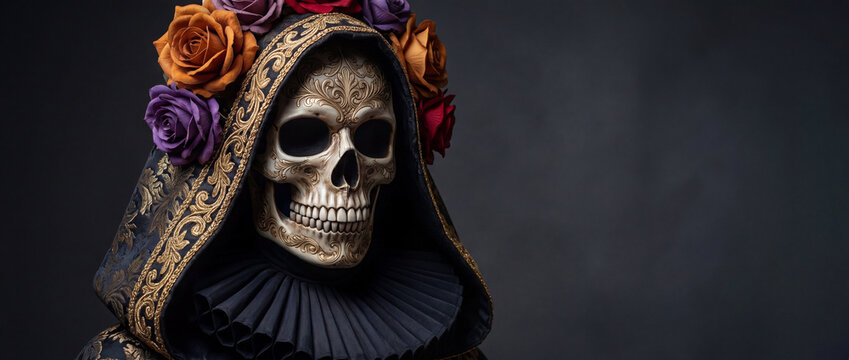 Santa Muerte skull with floral crown wearing an ornate black and gold embroidered hood, set against a dark textured studio background for Day of the Dead celebrations and gothic designs