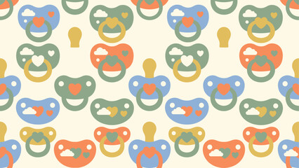 Fototapeta premium Seamless pattern of baby pacifier icons in pastel colors for nursery decor, textiles, and baby products. Flat vector illustration EPS 10.