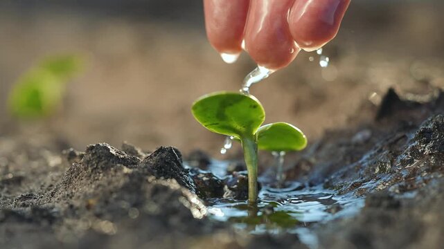 Plant seedling in soil. Hand watering small green sprout with drops of water, nourishing the young plant. Soil around seedling becomes moist. Concept of growth, nurturing, and agriculture in farming.