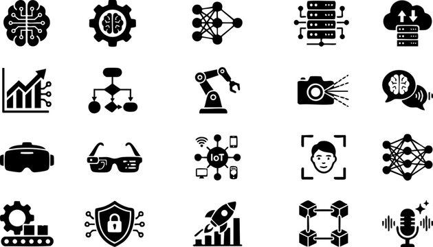 Collection of technology and data science vector icons with technology artificial intelligence learning