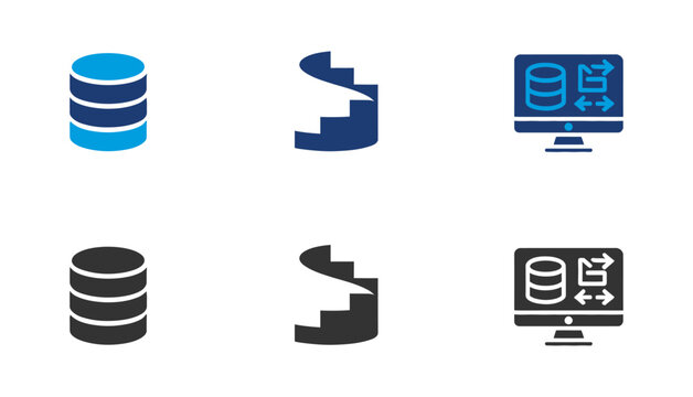 Data stack icons database steps and data transfer for business and technology applications