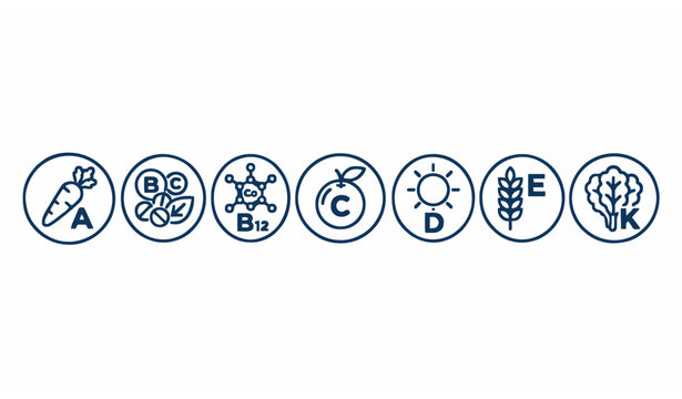 Vitamin Icons Set &ndash; Vitamins A, B Complex, B12, C, D, E and K Outline Vector Collection