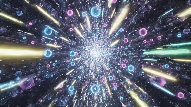 A stunning 3D render featuring a tunnel of glowing pink and blue orbs receding into a bright light.