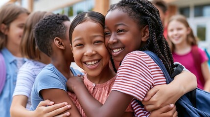 Fototapeta premium Group of happy school girls hugging each other outdoors, diverse children friendship and reunion photo