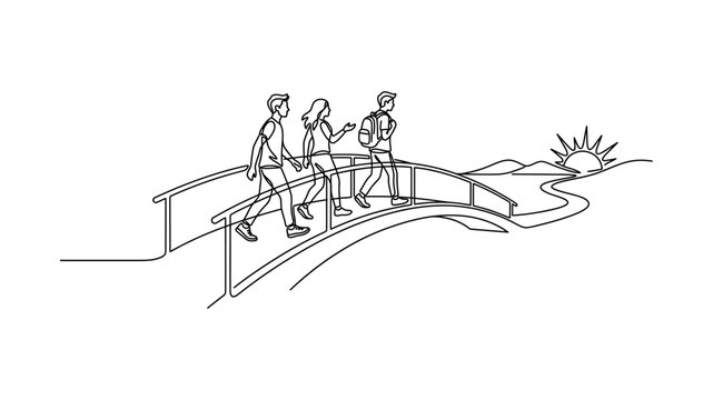 People walking on a bridge together.