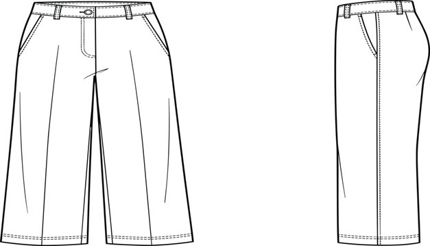 Technical Fashion Vector Illustration of Women's Cropped Wide Leg Trousers, Front and Side View