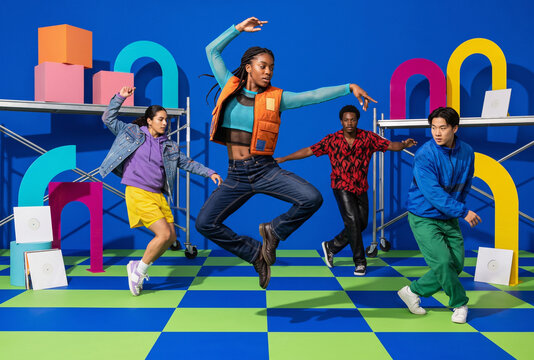 Young Dance Group on Checkerboard Backdrop With Bold Streetwear Styling