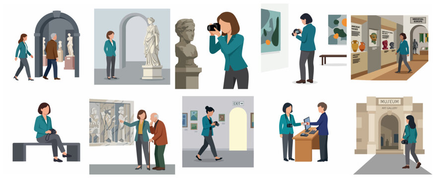 Flat vector illustration of people visiting art museum, viewing gallery exhibitions and historical artifacts