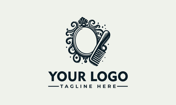 Vintage ornate mirror and comb logo template for beauty salon or barbershop