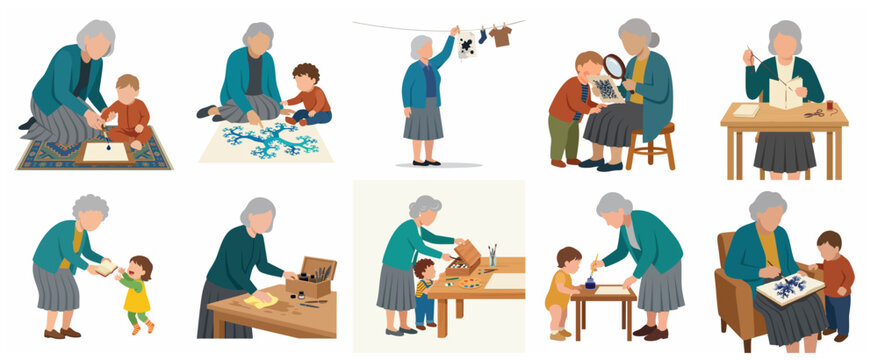 Grandmother and Grandchild Engaging in Creative Hobbies and Daily Activities Vector Illustration Set