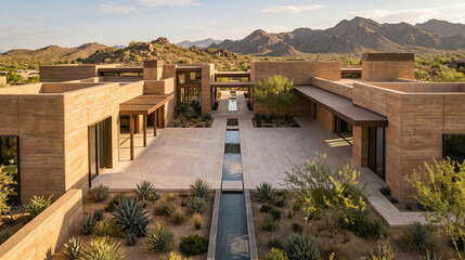 Fototapeta premium Luxury Desert Estate With Rammed Earth Courtyards And Open Negative Space