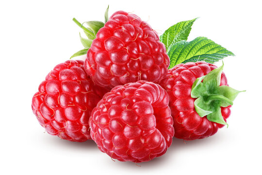 Small group of juicy ripe raspberries with leaves isolated on transparent background.