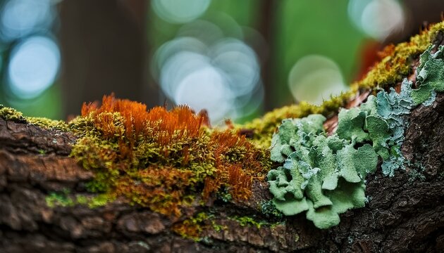 tree bark with lichen and moss in macro view capturing layered texture and micro ecosystem detail