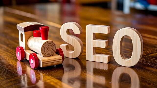 Seo concept with wooden toy train and alphabet letters representing search engine optimization strategy