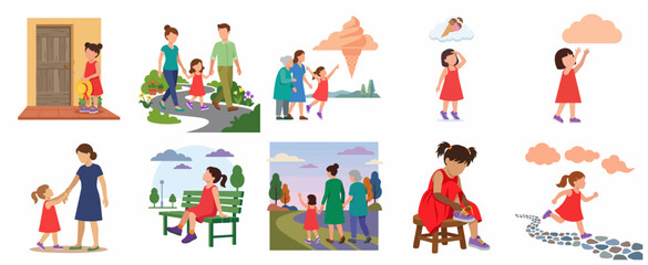 Fototapeta premium Flat vector illustration set of a young girl and her family in various daily life activities and scenes