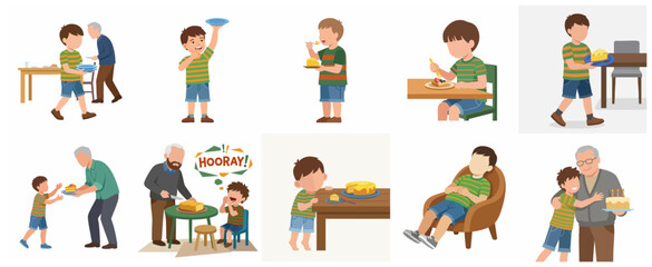 Naklejka premium Collection of illustrations featuring a young boy and his grandfather sharing cake and happy moments.