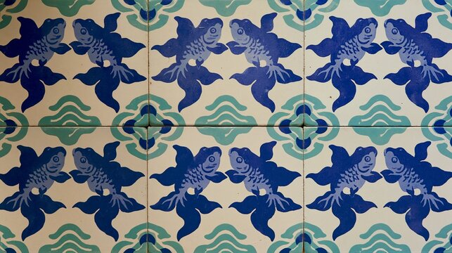 Vintage Peranakan hydraulic cement tile pattern in blue and white. Ornate geometric Nyonya floor design for interior decor and wallpaper backgrounds.